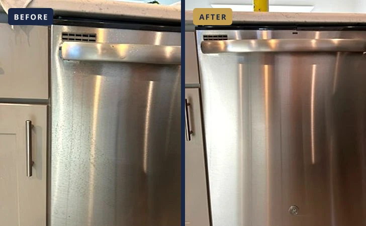 Before and after of a stainless steel dishwasher front cleaned by Maid With Precision, fingerprints and streaks removed