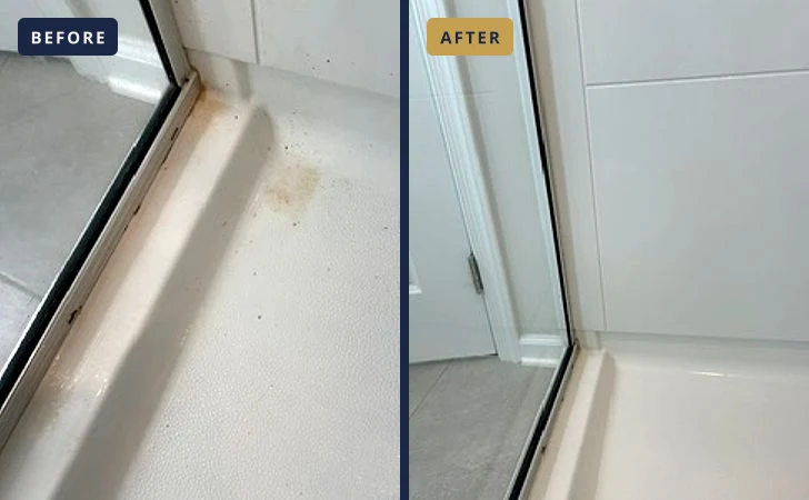 Before and after of a glass shower door track cleaned by Maid With Precision, rust and hard-water stains removed