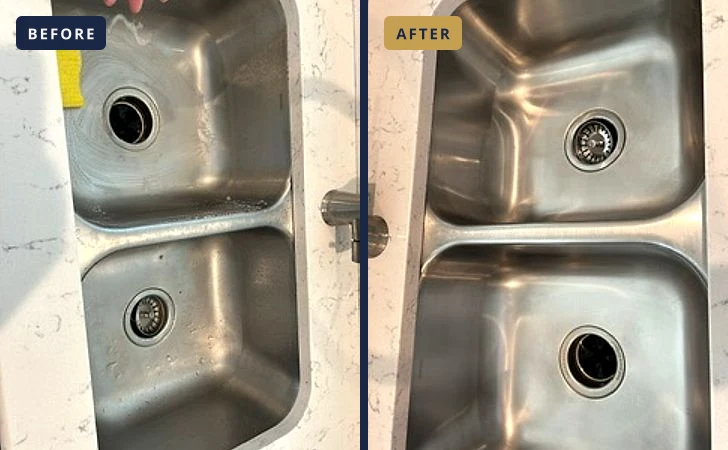 Before and after of a stainless steel double kitchen sink cleaned by Maid With Precision, residue and water spots polished away
