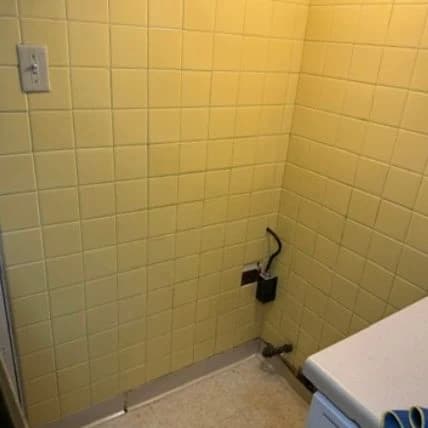 After: Before and after of a yellow-tiled kitchen corner during a move-out clean by Maid With Precision, from debris and grime on the floor and baseboards to a clean floor and wiped-down tile