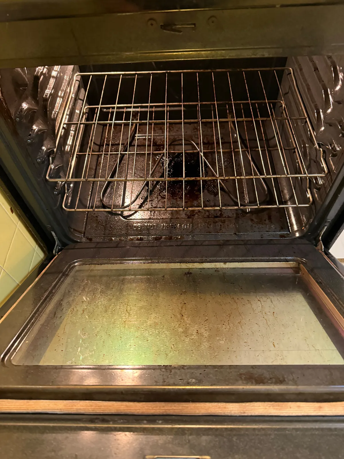 Before: Before and after of a rental oven interior during a move-out clean by Maid With Precision, from baked-on grease on the oven floor and door glass to a clean interior and clear glass