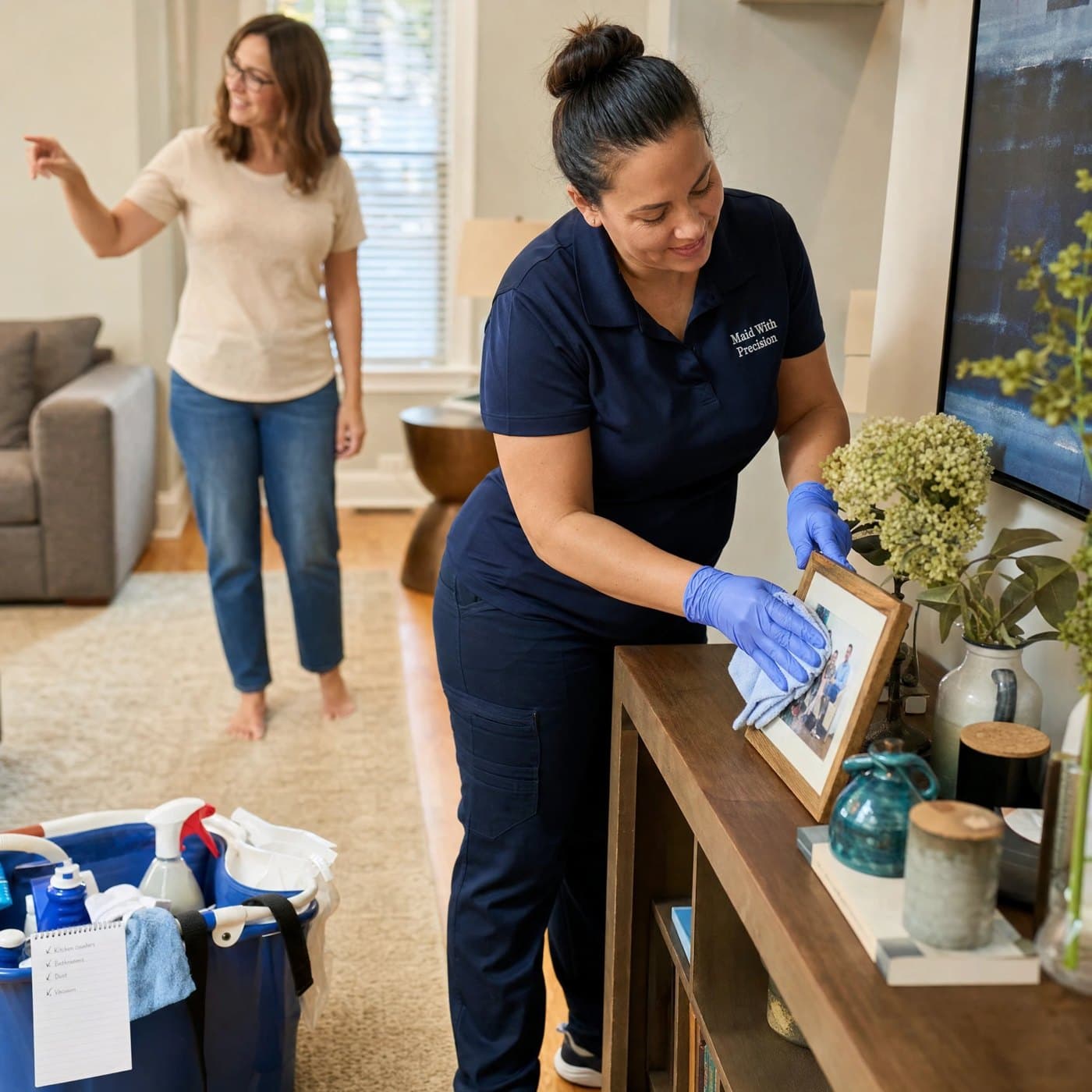 A Maid With Precision cleaner in uniform dusting a living room console table while the homeowner looks on