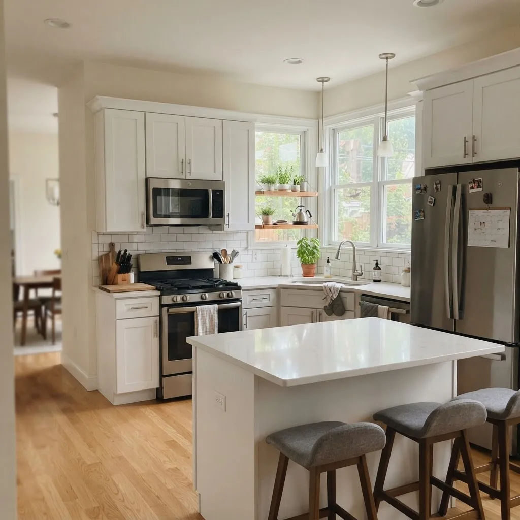 Spotless, gleaming kitchen countertops and cabinetry cleaned by Maid With Precision