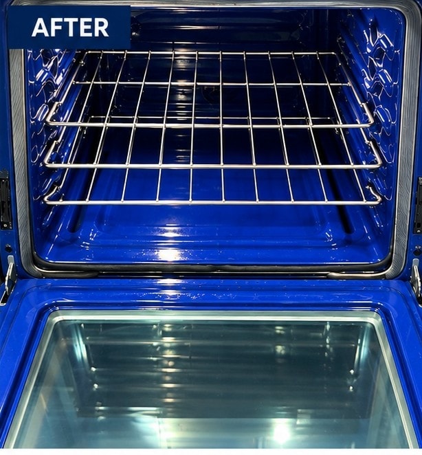 After: Before and after of a cobalt-blue porcelain-enamel oven cleaned by Maid With Precision, going from baked-on grease on the door and glass to a glossy, spotless blue finish