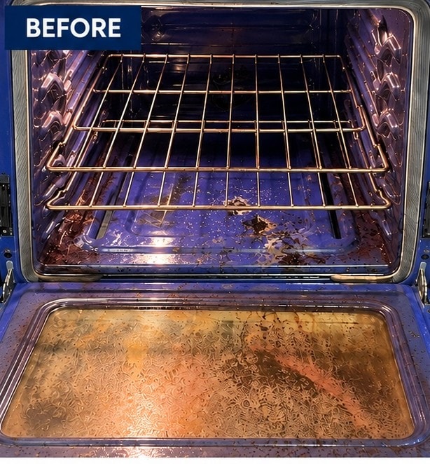 Before: Before and after of a cobalt-blue porcelain-enamel oven cleaned by Maid With Precision, going from baked-on grease on the door and glass to a glossy, spotless blue finish