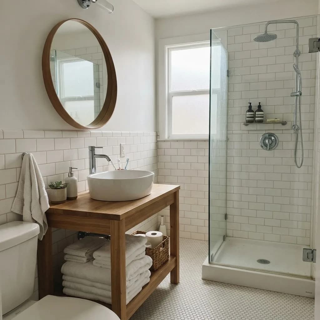 A bathroom with a spotless glass shower enclosure, clean tile grout, and polished fixtures after a deep clean