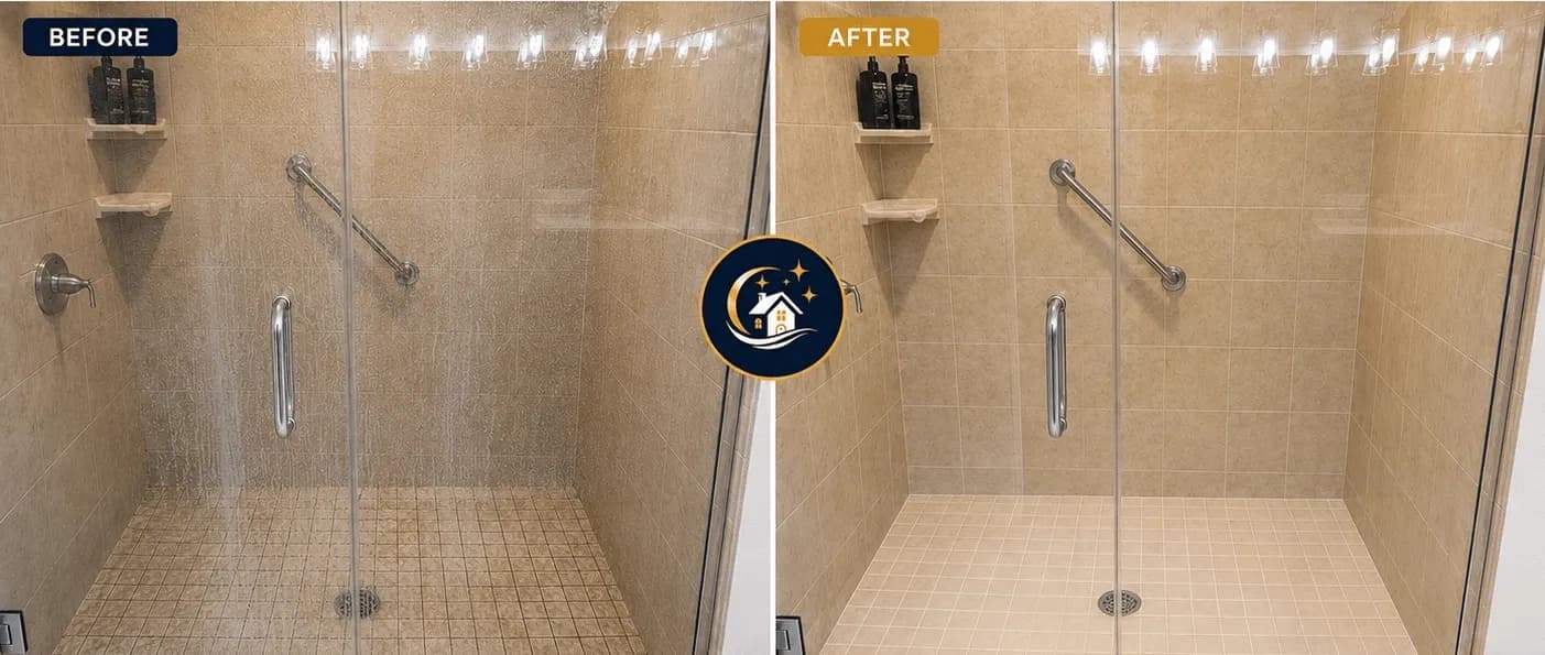 Side-by-side comparison of the same tiled shower: before, the glass is clouded with hard-water spotting and the grout is darkened; after, the glass is clear and the grout is clean